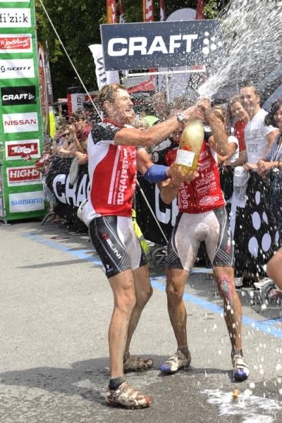 Red jersey winners celebrate
