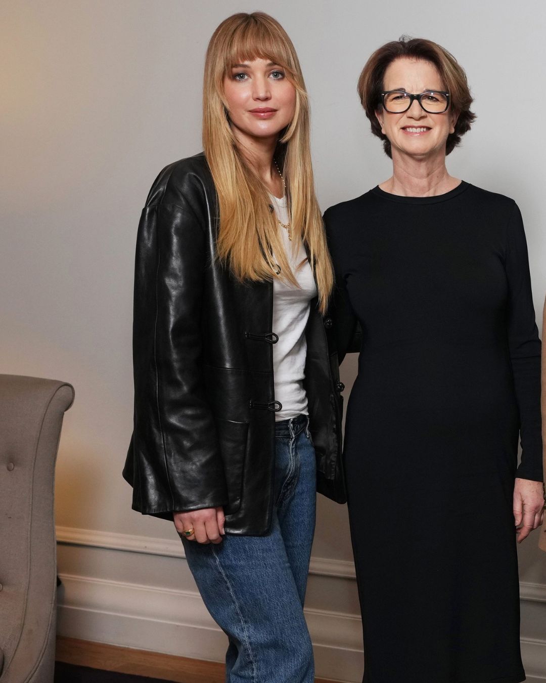Jennifer Lawrence wears the Rohe black leather jacket with mid-wash blue jeans and a white t-shirt.