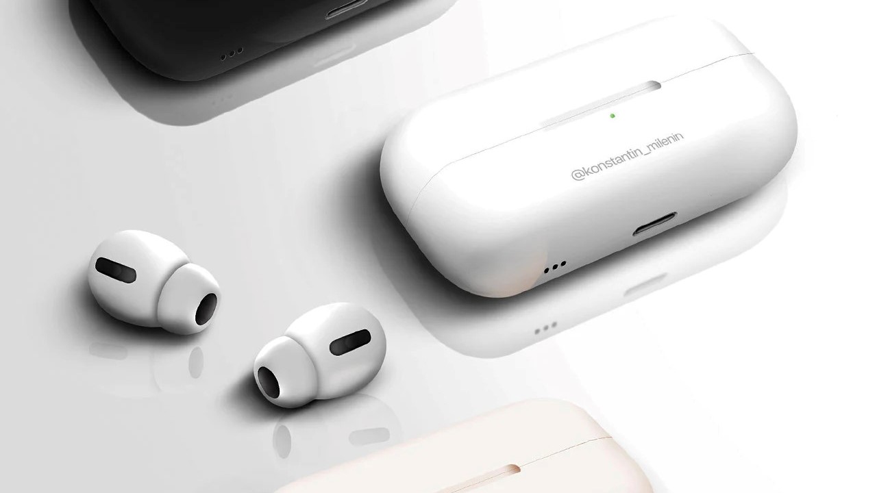 Conceptual image of AirPods Pro 2 earbuds and charging case without stalk