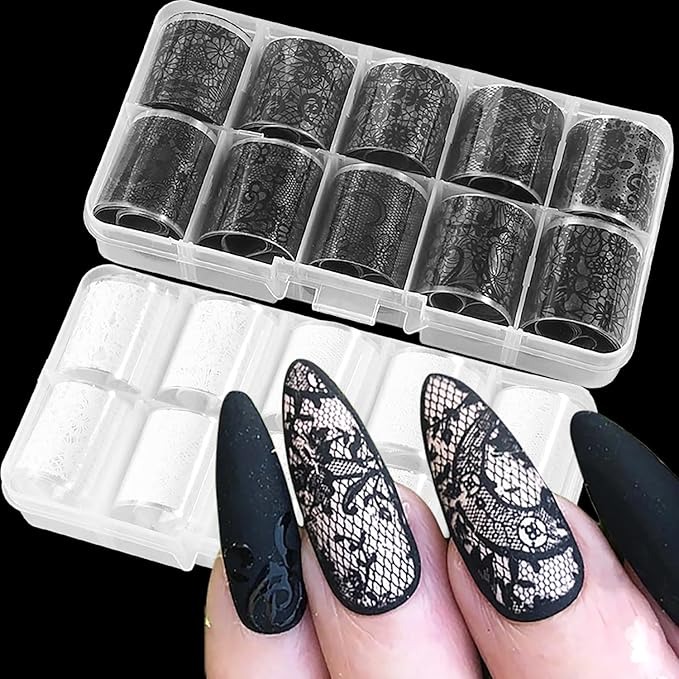 SILPECWEE, White and Black Lace Nail Foils - 20 Rolls