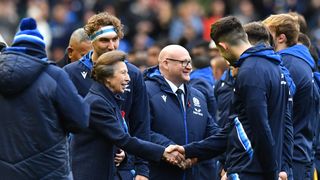 Princess Anne, Princess Royal with Scotland captain Jamie Richie as she meets the teams