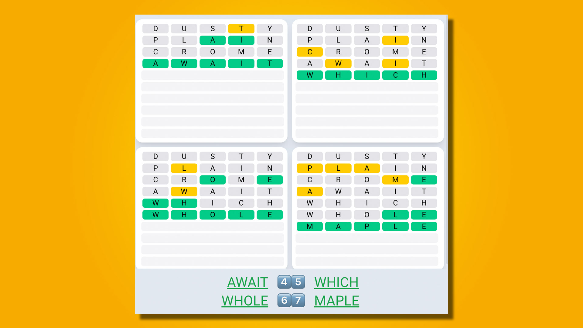 Quordle ежедневные последовательности ответов для игры 551 на желтом фоне