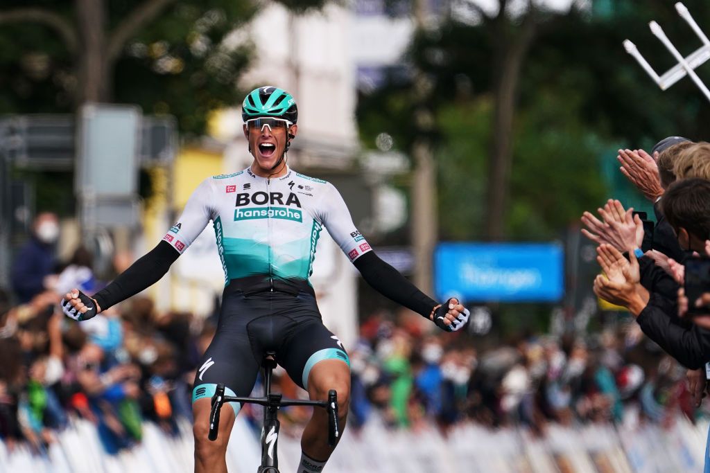 ERLANGEN GERMANY AUGUST 28 Nils Politt of Germany and Team Bora Hansgrohe celebrates winning during the 35th Deutschland Tour 2021 Stage 3 a 1933km stage from Ilmenau to Erlangen DeineTour on August 28 2021 in Erlangen Germany Photo by Christian KasparBartkeGetty Images