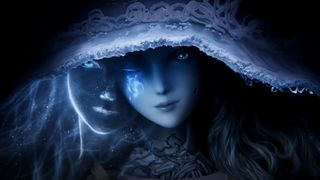 Elden Ring screenshot showing Ranni, a young woman with pale ice-y blue skin and a large brimmed witch-like hat