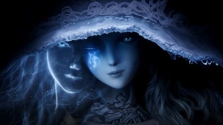 Elden Ring screenshot showing Ranni, a young woman with pale ice-y blue skin and a large brimmed witch-like hat