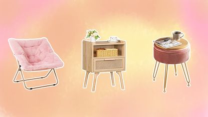 Three Prime Day Amazon furniture buys on a pink and orange background