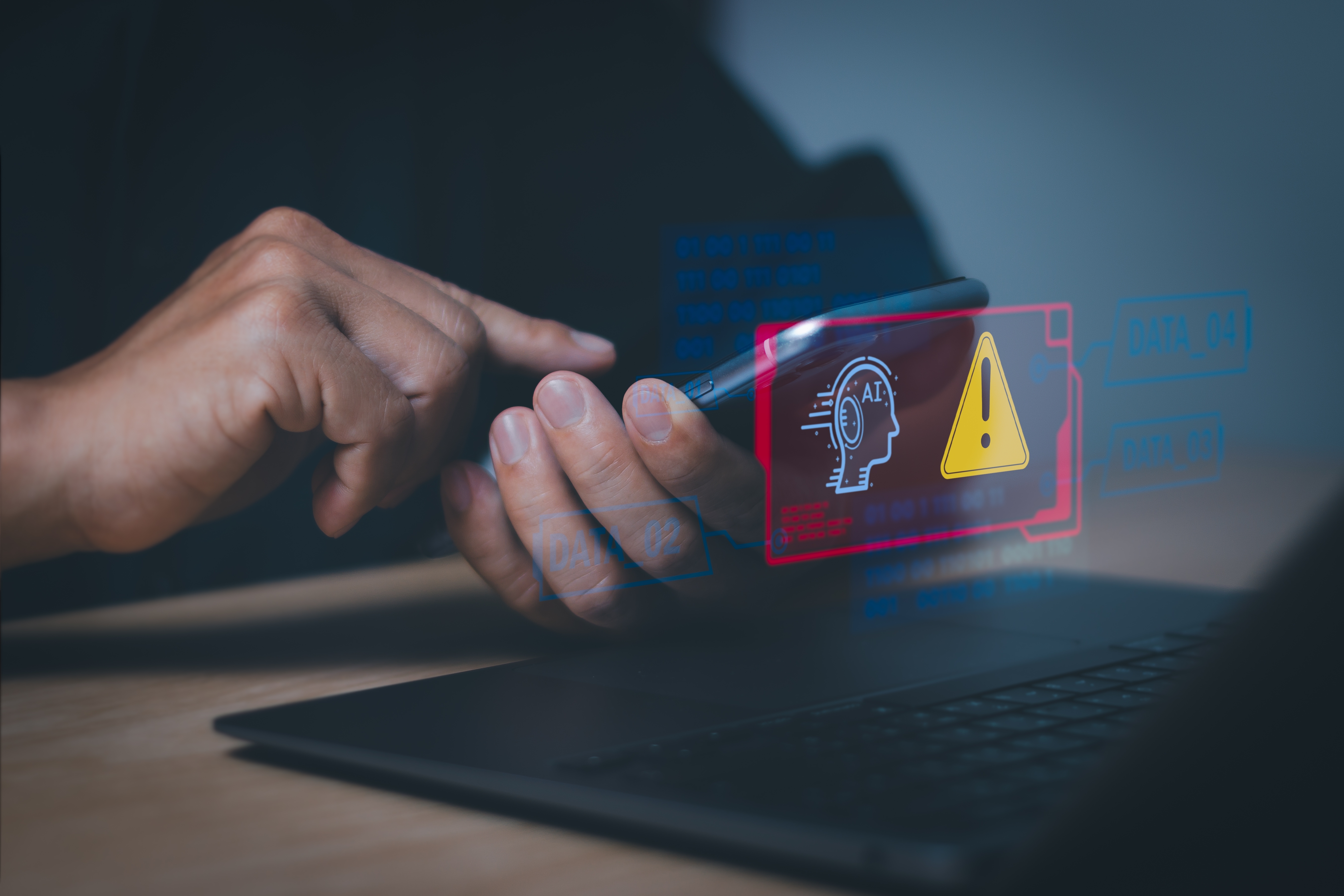 Users display warnings about the use of artificial intelligence (AI), access to malicious software or threats to online hackers. computer cyber security Warning concept or tech scam.