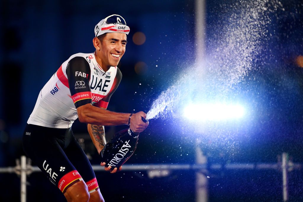 MADRID SPAIN SEPTEMBER 11 Juan Sebastin Molano Benavides of Colombia and UAE Team Emirates celebrates winning the stage on the podium ceremony after the 77th Tour of Spain 2022 Stage 21 a 967km stage from Las Rozas to Madrid LaVuelta22 WorldTour on September 11 2022 in Madrid Spain Photo by Tim de WaeleGetty Images