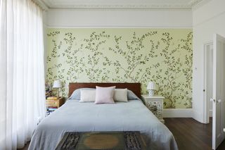bedroom with handpainted botanical wallpaper