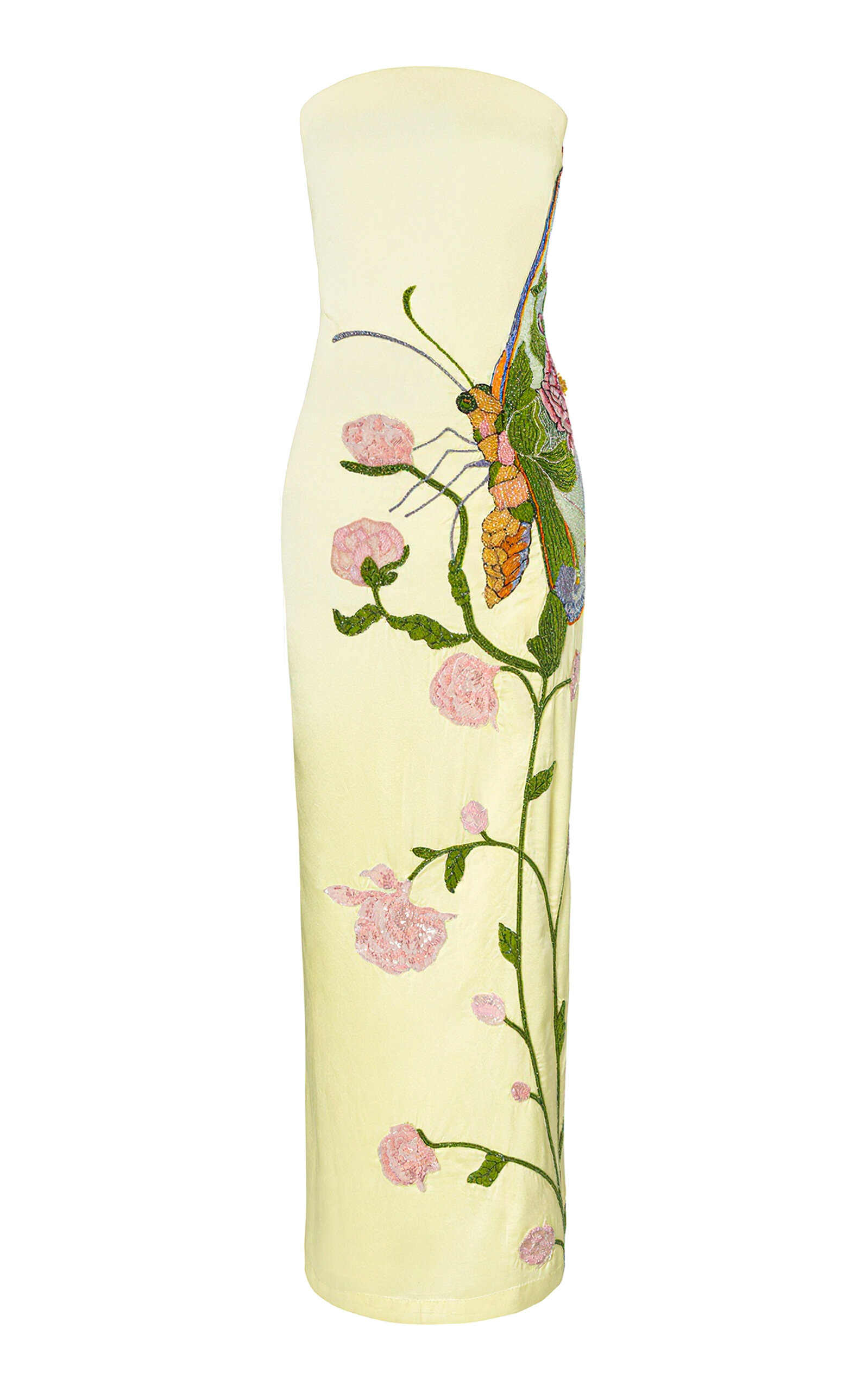 Whispering Wings Tapestry Embroidered Silk Satin Maxi Dress
