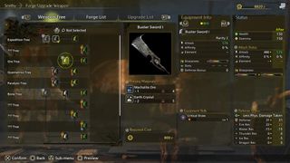 A look at the Smithy menu in Monster Hunter Wilds, and the upgrade path for the Buster Sword 1