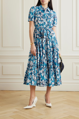 Queena Tiered Floral-Print Cotton-Blend Midi Shirt Dress
