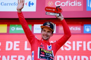 LAGUARDIA SPAIN AUGUST 23 Primoz Roglic of Slovenia and Team Jumbo Visma celebrates at podium as Red Leader Jersey winner during the 77th Tour of Spain 2022 Stage 4 a 1524km stage from VitoriaGasteiz to Laguardia 627m LaVuelta22 WorldTour on August 23 2022 in Laguardia Spain Photo by Tim de WaeleGetty Images