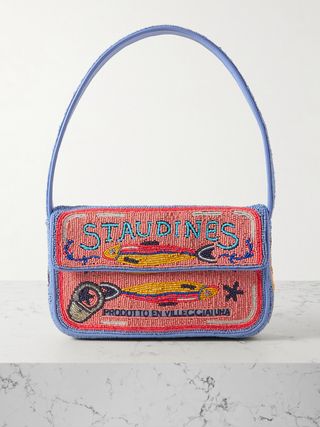 Tommy Vegan Leather-Trimmed Beaded Satin Shoulder Bag