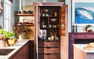 pink and dark wood kitchen with cabinets open featuring coffee machine and storage with drawers