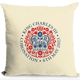 Linen coronation cushion with red and blue date inscription