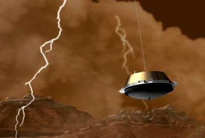 An artist&#039;s conception of the Cassini-Huygens probe descending through a lightning storm in Titan&#039;s thick nitrogen atmosphere.