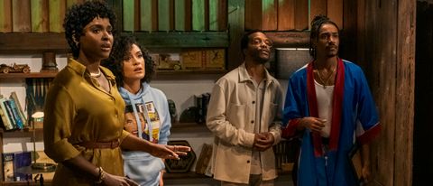 Antoinette Robertson, Grace Byers, Jermaine Fowler, and Dewayne Perkins all look at something mysterious off camera in The Blackening.