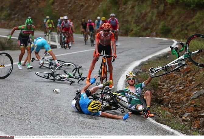 Race leader Rein Taaramae goes down