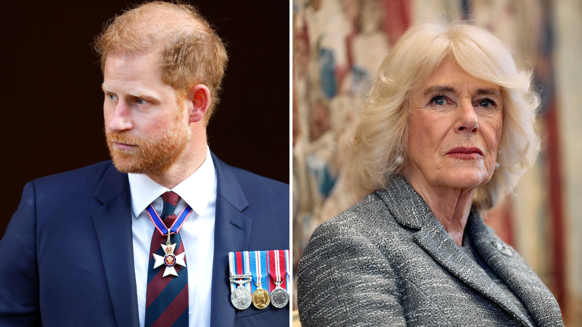 A comp image of Prince Harry (L) and Queen Camilla (R)