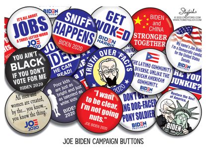 Political Cartoon U.S. Biden 2020 campaign buttons