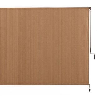 A large dark brown woven blind with a rolling handle to the right of it