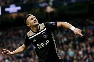 Dusan Tadic celebrates after scoring for Ajax against Real Madrid in the Champions League at the Santiago Bernabeu in March 2019.