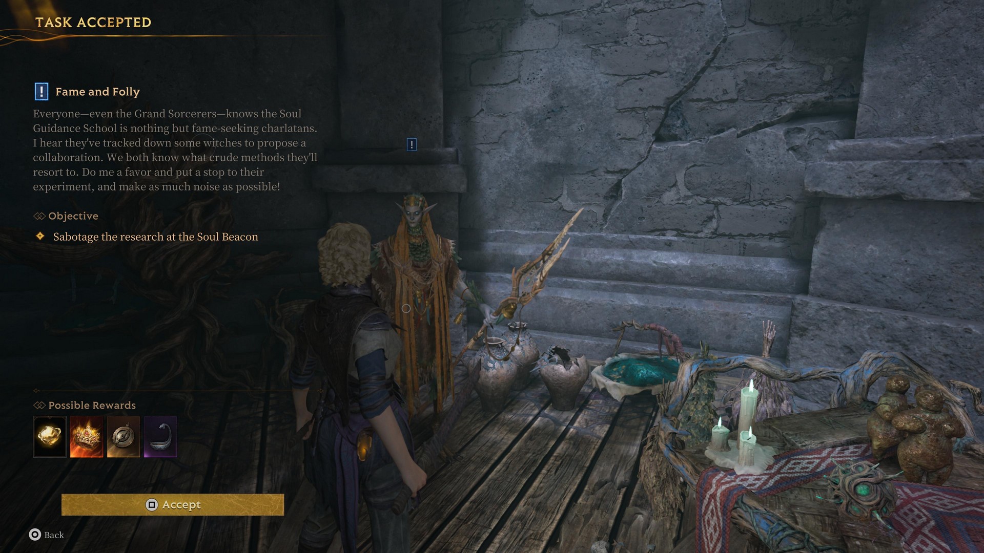 Accepting a task in Mistfall Hunter, Fame and Folly - which tells us to sabotage the research at Soul Beacon