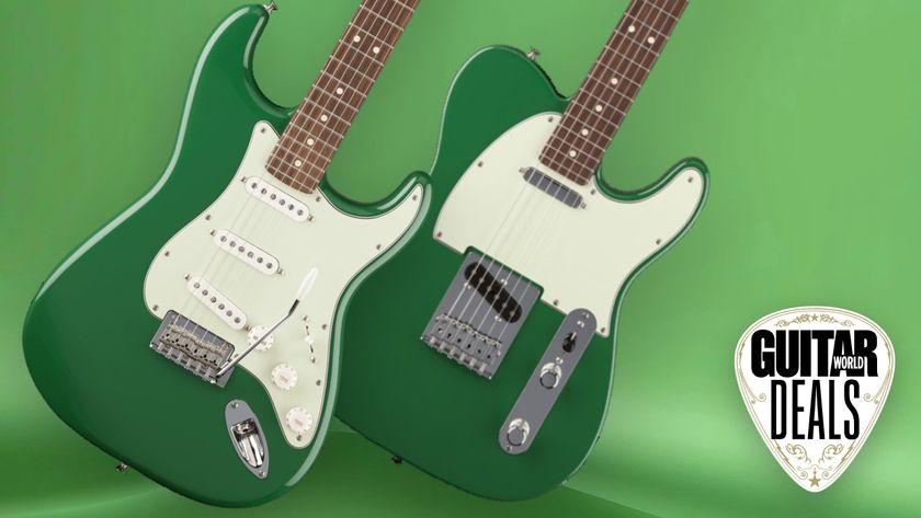 Fender Player II Strat and Tele guitar in forest green finish on a green background