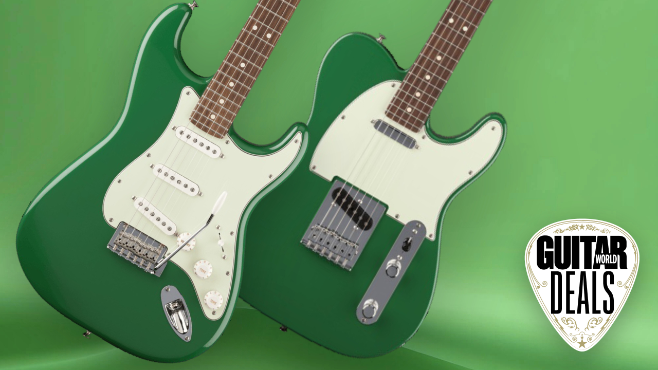Fender Player II Strat and Tele guitar in forest green finish on a green background