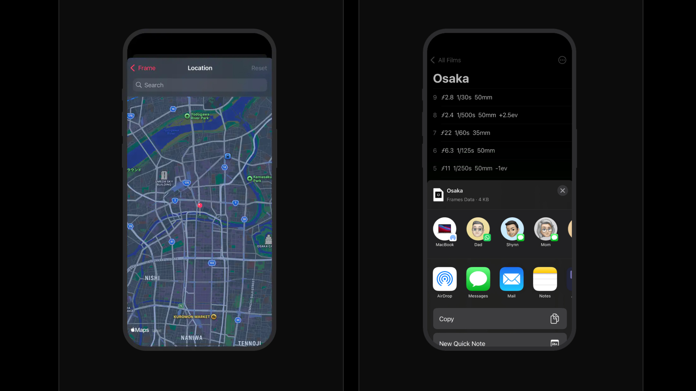 A smartphone screen displays a detailed map of Osaka on the left and image capture settings on the right, highlighting location data