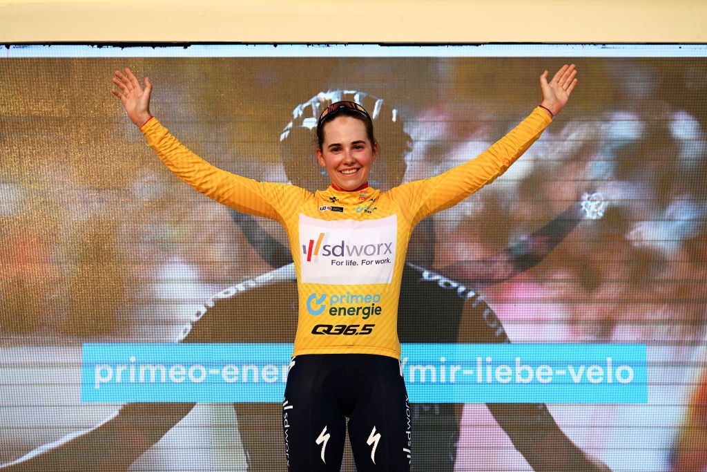WEINFELDEN SWITZERLAND JUNE 17 Kata Blanka Vas of Hungary and Team SD Worx celebrates at podium as Yellow Leader Jersey winner during the 3rd Tour de Suisse Women 2023 Stage 1 a 56km stage from Weinfelden to Weinfelden UCIWWT on June 17 2023 in Weinfelden Switzerland Photo by Dario BelingheriGetty Images