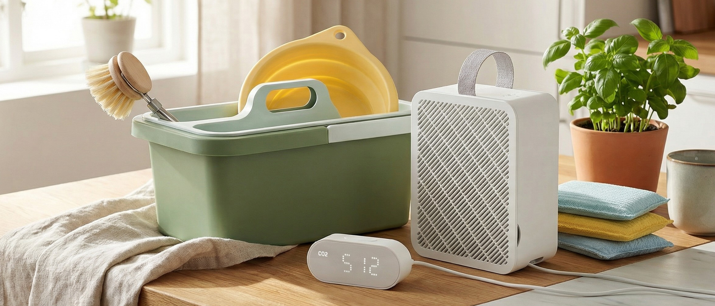 Selection of IKEA cleaning accessories on a kitchen tabletop, alongside an air purifier and air quality sensor