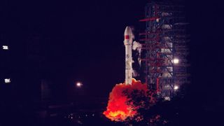 A Long March 3C rocket blasts off from the Xichang Satellite Launch Center in southwest China's Sichuan Province, on July 6, 2021. China successfully launched a new relay satellite from the Xichang Satellite Launch Center at 11:53 p.m. local time in Beijing.