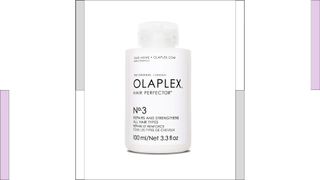 A white pot of Olaplex No. 3 Hair Perfector, with colored columns either side