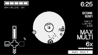 A screenshot of the shape-based shoot 'em up gameplay in Fulcrum Defender, with a score multiplier and control UI bordering the visuals.