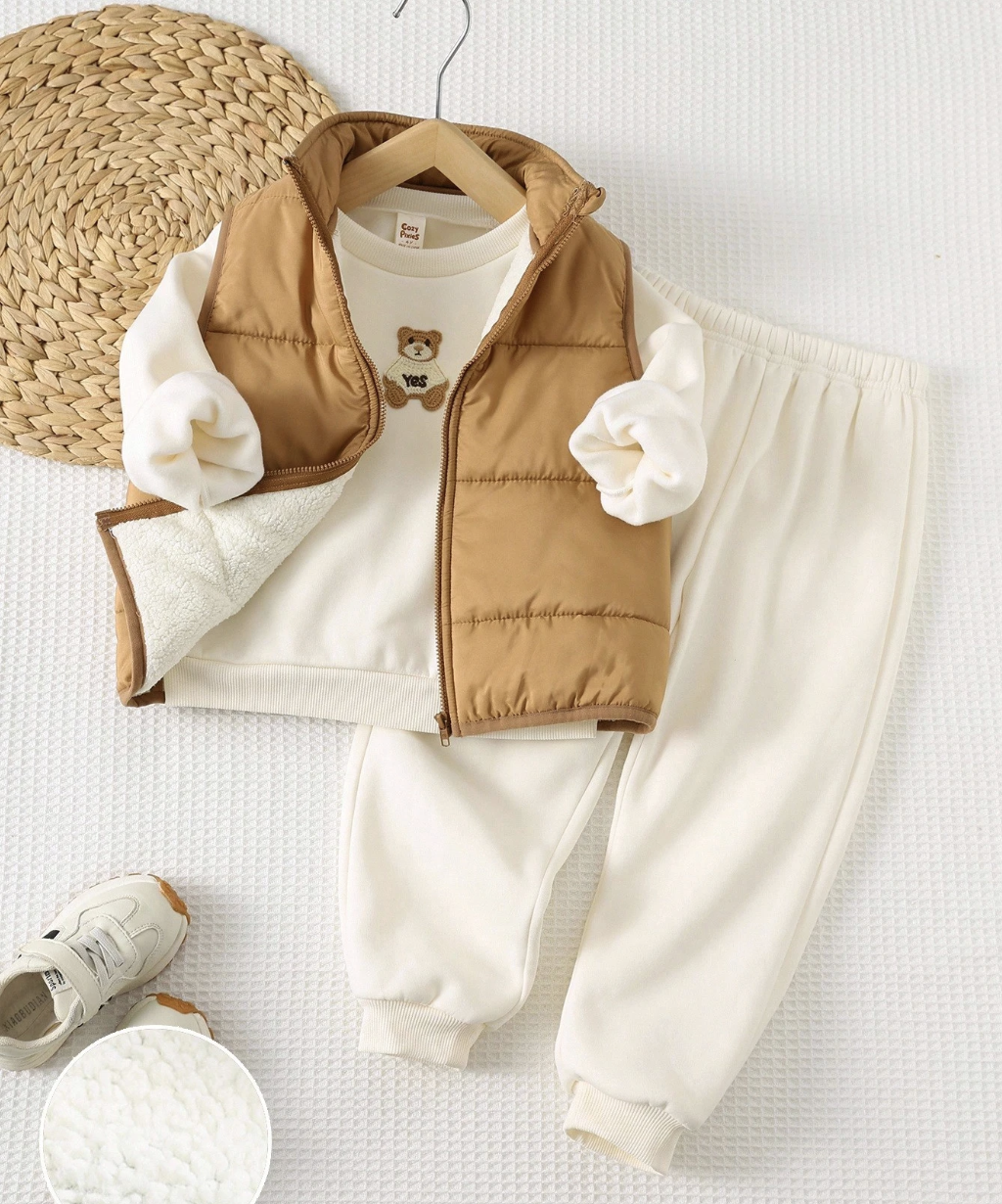 Cozy Pixies, Bear Pattern Knit Crew Neck Long Sleeve Hoodie, Sleeveless Padded Vest, and Elastic Waist Pants 3-Piece Set (Was $51)