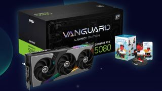 An MSI Vanguard RTX 5080 launch edition next to a Dragon Lucky figurine