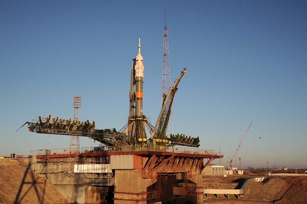 A Russian Soyuz rocket stands atop its launchpad at Baikonur Cosmodrome in Kazakhstan ahead of the Dec. 15, 2015 launch of the Expedition 46 crew to the International Space Station.