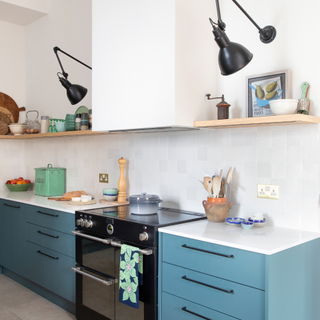 White extractor fan in modern blue kitchen