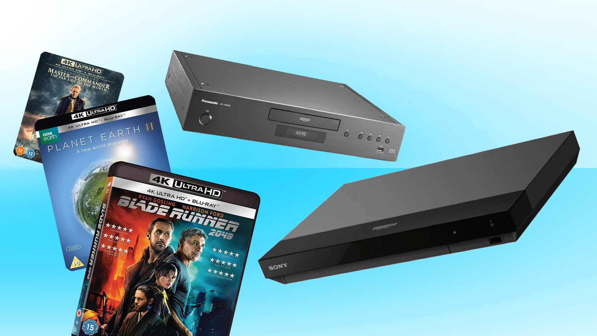 An image showing press images of the Sony UBP-X700 and Panasonic DP-UB9000 4K Blu-ray players as well as 4K Blu-rays of Blade Runner: 2049, Planet Earth II and Master and Commander