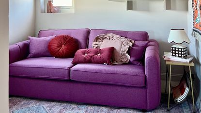spare bedroom with purple sofa bed and wall shelf