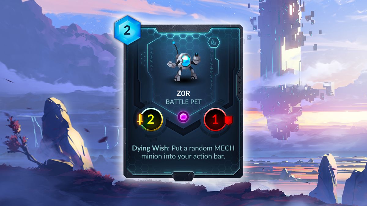 Z0r (neutral) &mdash; Behold, the first Battle Pet card! The adorable robot Z0r, a tiny 2/1 to support Mechaz0r decks further. Like I said above, we still don't know exactly how Z0r will behave, but since his ability is a Dying Wish, he either has to be cleared by an enemy or get close enough to one to take a swing before you can benefit from the free minion in your action bar. But who cares about all that, look how cute he is!
