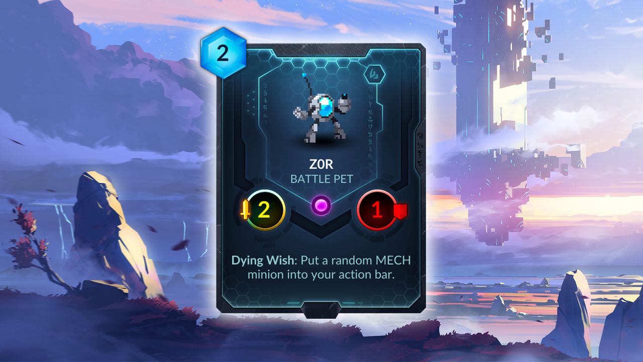 Z0r (neutral) &mdash; Behold, the first Battle Pet card! The adorable robot Z0r, a tiny 2/1 to support Mechaz0r decks further. Like I said above, we still don't know exactly how Z0r will behave, but since his ability is a Dying Wish, he either has to be cleared by an enemy or get close enough to one to take a swing before you can benefit from the free minion in your action bar. But who cares about all that, look how cute he is!