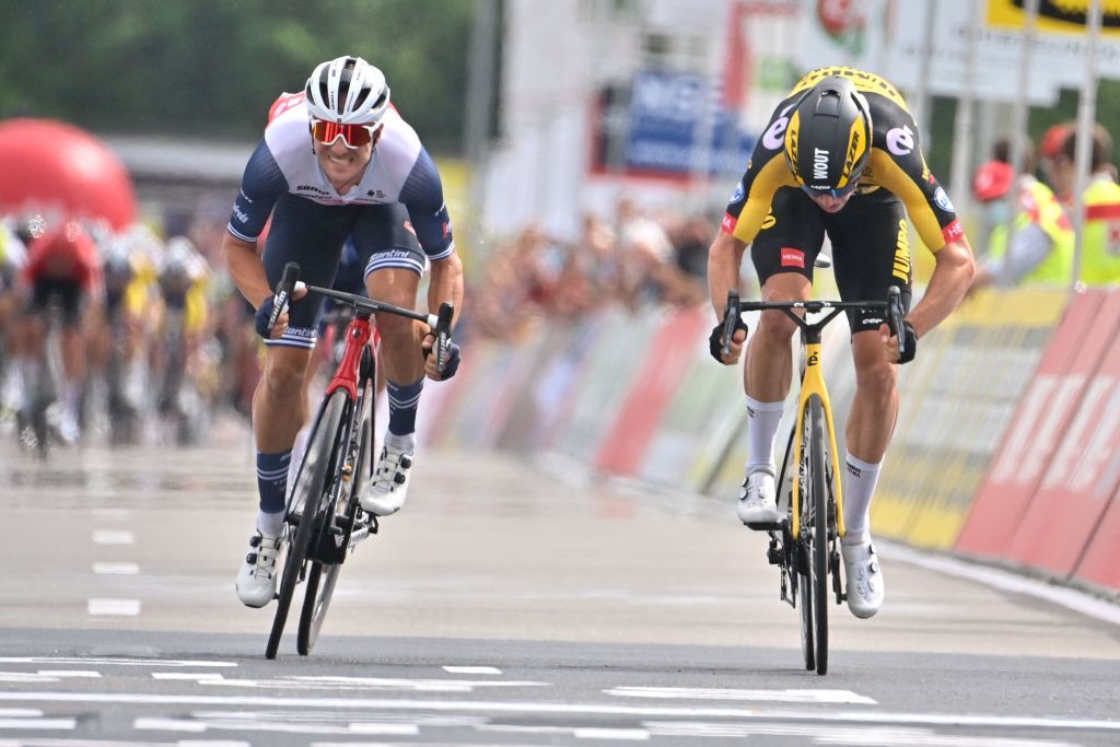 Wout Van Aert of Team JumboVisma R wins before Edward Theuns of TrekSegafredo L the sprint at the finish of the mens elite race at the Belgian cycling championship a 2202km race in Waregem on June 20 2021 Belgium OUT Photo by DAVID STOCKMAN BELGA AFP Belgium OUT Photo by DAVID STOCKMANBELGAAFP via Getty Images