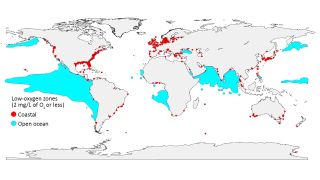 Low-oxygen zones are spreading around the globe. Red dots mark coastal locations where oxygen has plummeted to 2 milligrams per liter or less, and blue areas mark zones with the same low-oxygen levels in the open ocean.