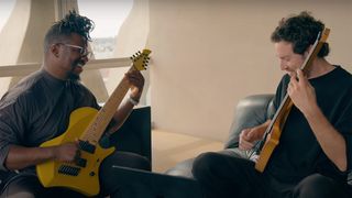 Tosin Abasi playing his guitar alongside a guitar-laden Plini