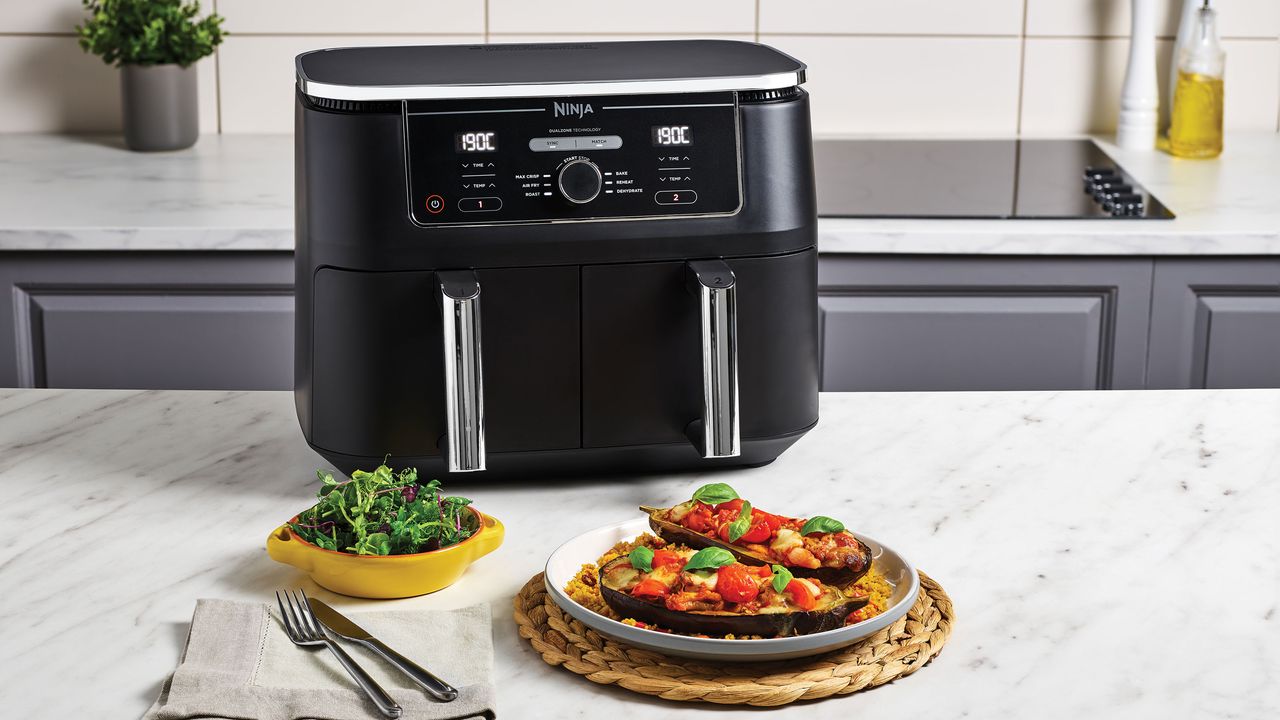 black air fryer in kitchen