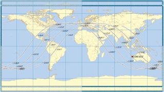 a map of the earth with three parabolic lines stretching from east to west across the center, crossing central america, western europe and south asia