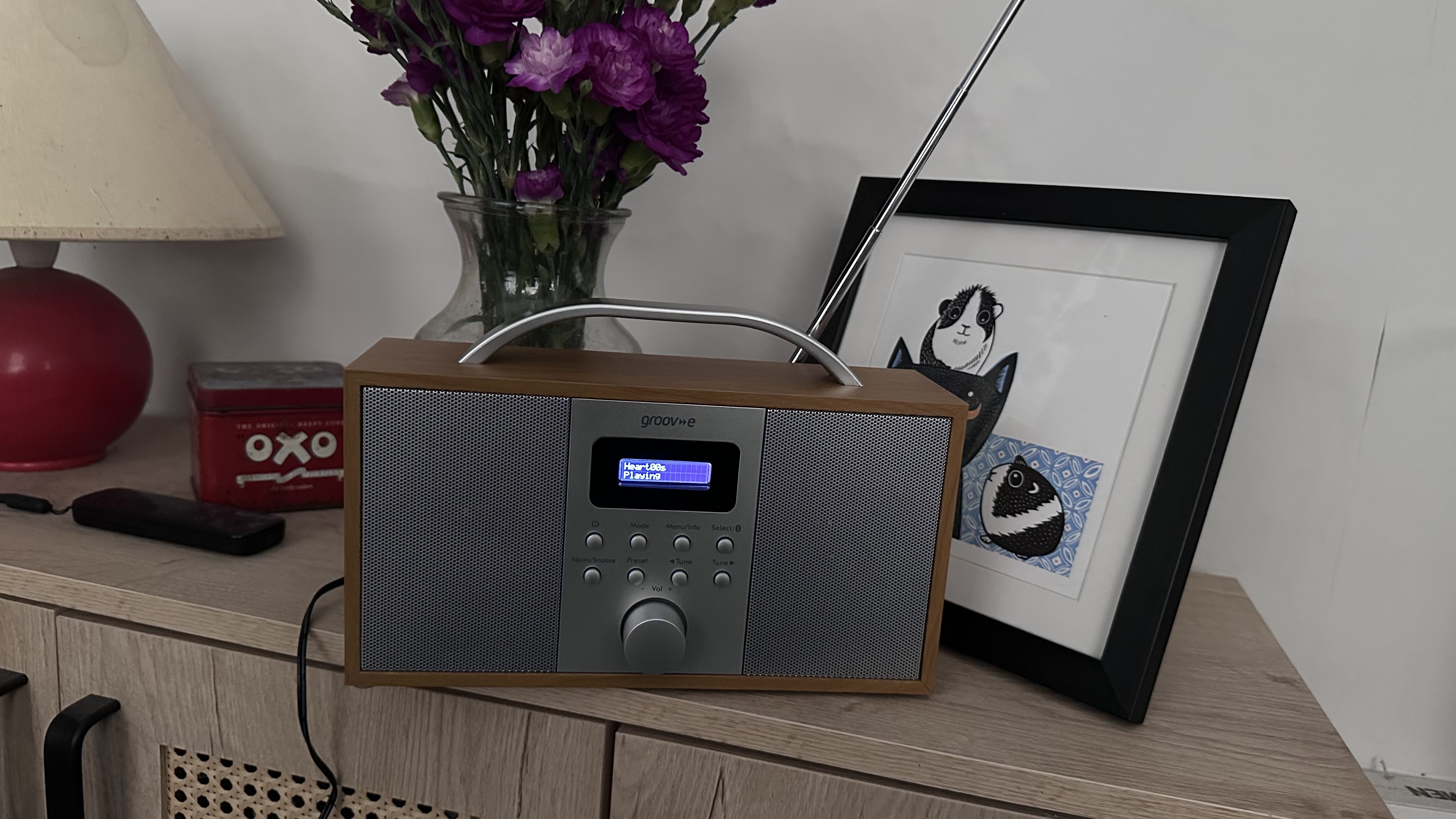 Groov-e Boston DAB radio on a wooden sideboard